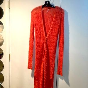 Free People Womens Orange Duster Cardigan Size XS Popcorn Knit Button Up V-Neck